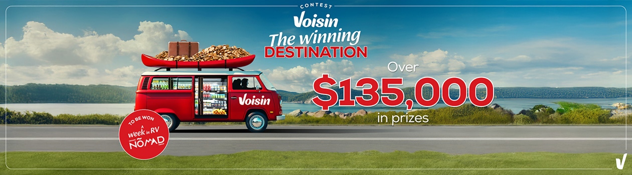 Text reading: "Contest Voisin The winning DESTINATION, Over $135,000 in prizes, featuring a red RV with a kayak on top, scenic lakeside background."