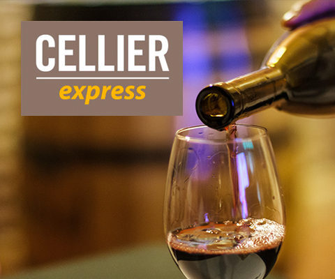 An Image of the "Cellier Express" emblem and someone pouring wine into a glass.