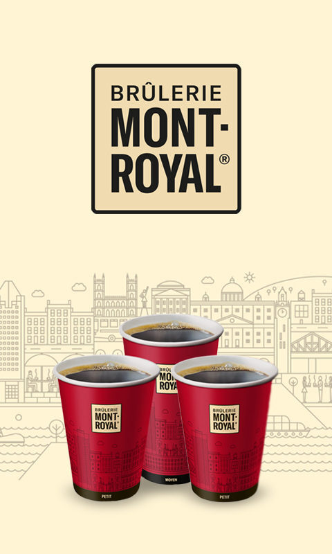 Text Reading “Brulerie Mont Royal” accompanied by three Mont Royal Cups