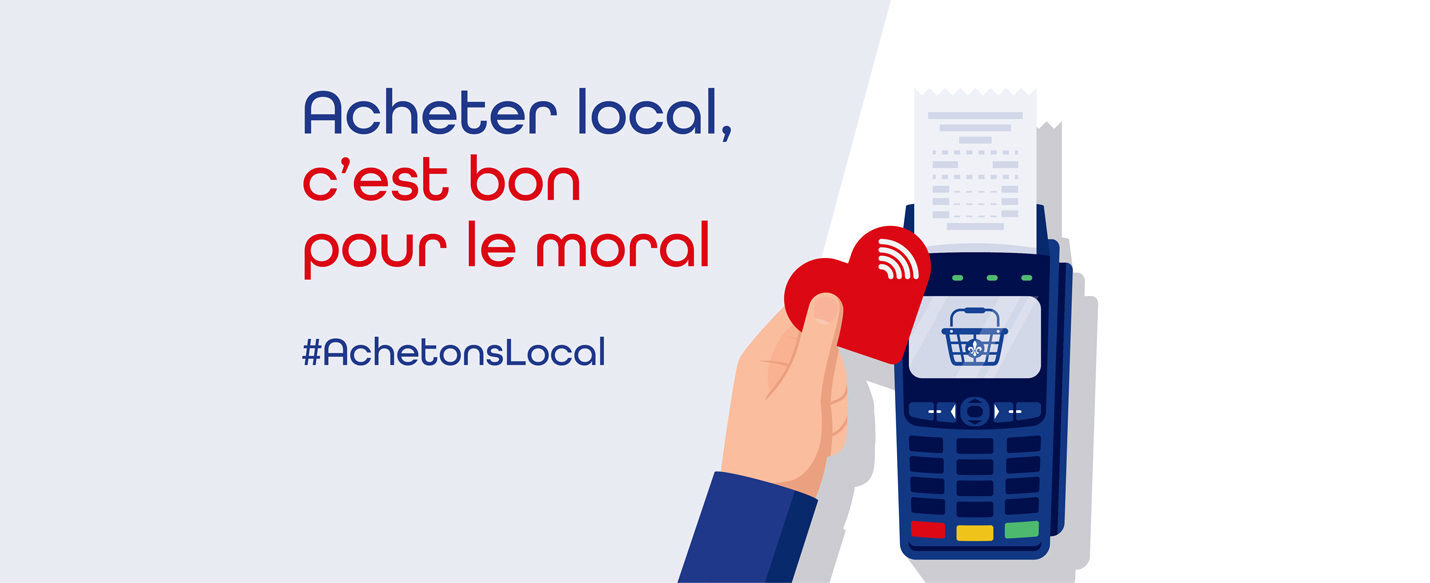 Lecture de texte 'Acheter local, c'est bon pour vous.' Faites vos achats sains et malins dans nos magasins Voisin.