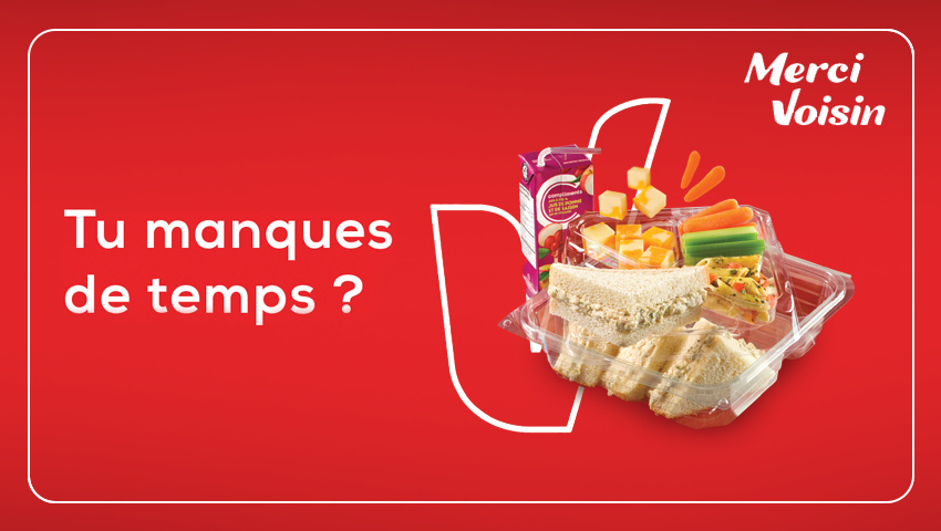 L'image suivante est constituée du texte "Hors du temps ?" accompagné d'un visuel représentant un bouquet de sandwichs et de salades avec un logo Merci Voisin en haut à droite.