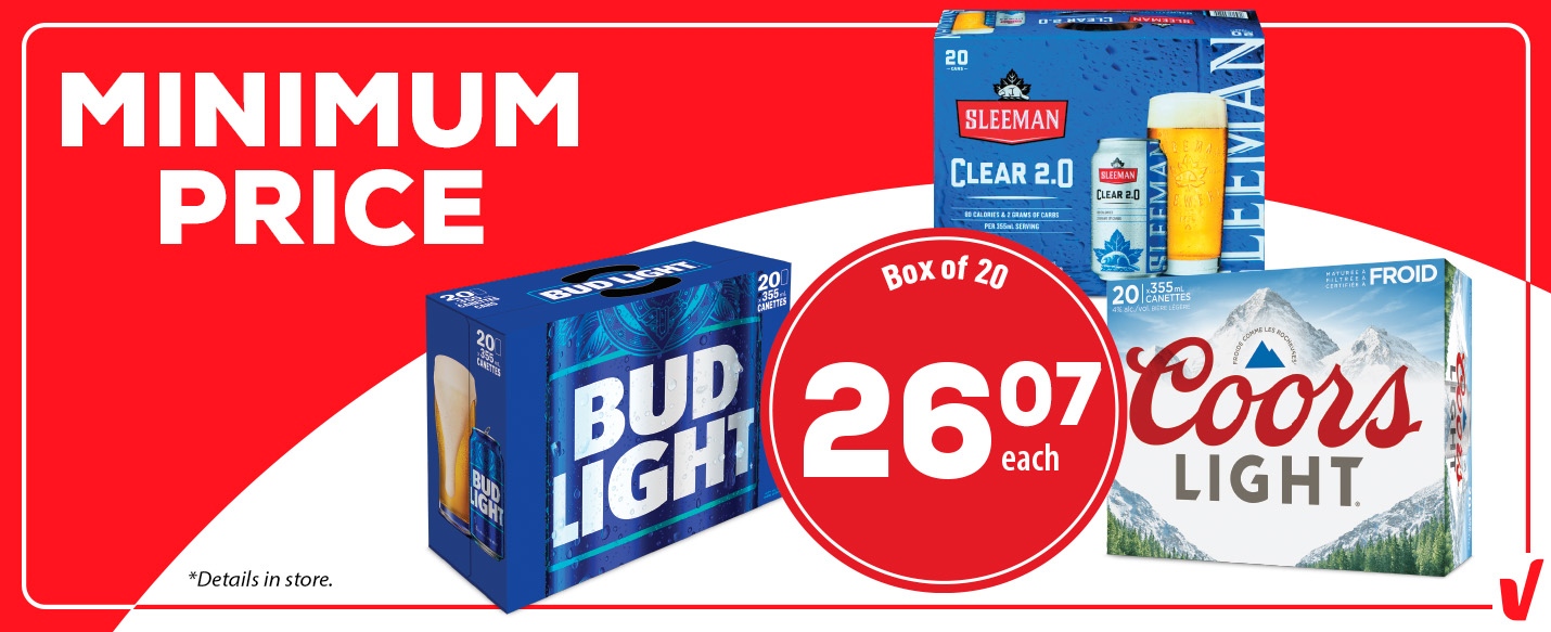 Text reading: "Minimum Price, Box of 20, 26.07 each, featuring images of Bud Light and Coors Light beer packs. Check all details in store."