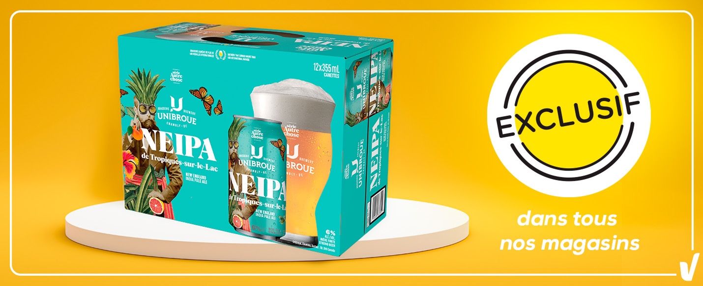 Pack Unibroue Neipa turquoise sur socle blanc, fond jaune, cercle “EXCLUSIF”, texte “Dans tous nos magasins”.