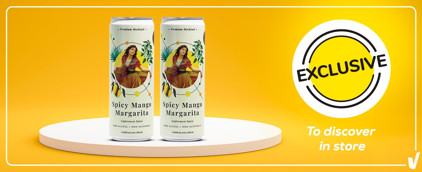 Text reading: "EXCLUSIVE. Spicy Mango Margarita Premium Mocktail. Non-alcoholic. Slightly Spicy. 355 ml cans. To discover in store."