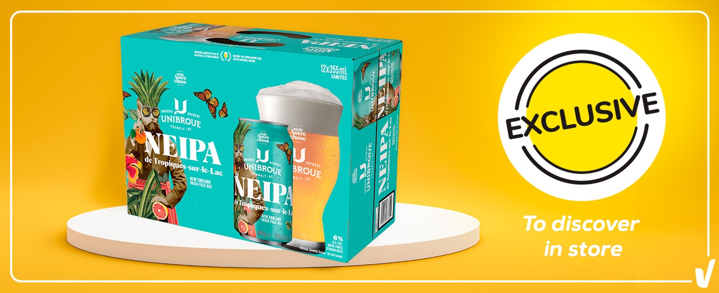 Unibroue Neipa tropical beer pack” on turquoise box, yellow background, EXCLUSIVE badge, “To discover in store.