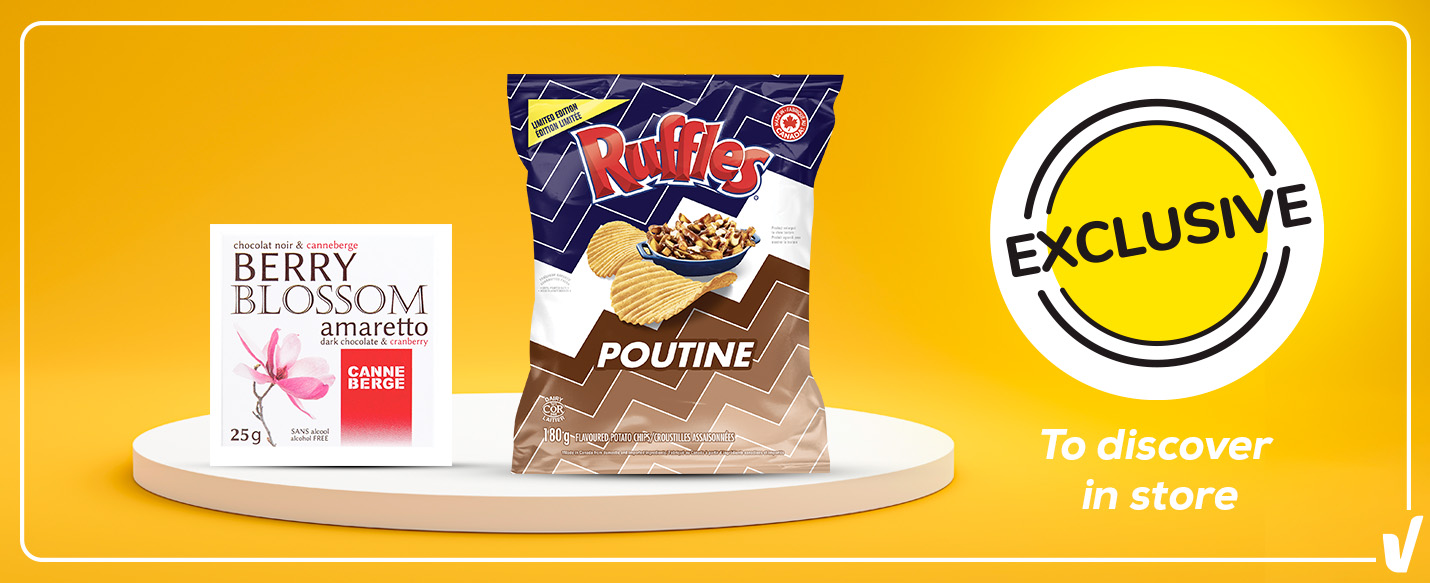 Text Reading: "Exclusive Berry Blossom Amaretto and Ruffles Poutine. Available to discover in store."