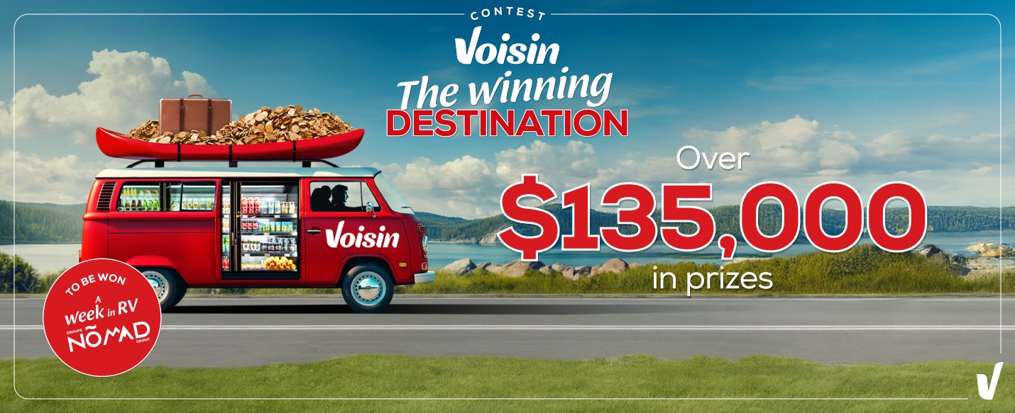 Text reading: "Contest Voisin The winning DESTINATION, Over $135,000 in prizes, featuring a red RV with a kayak on top, scenic lakeside background."