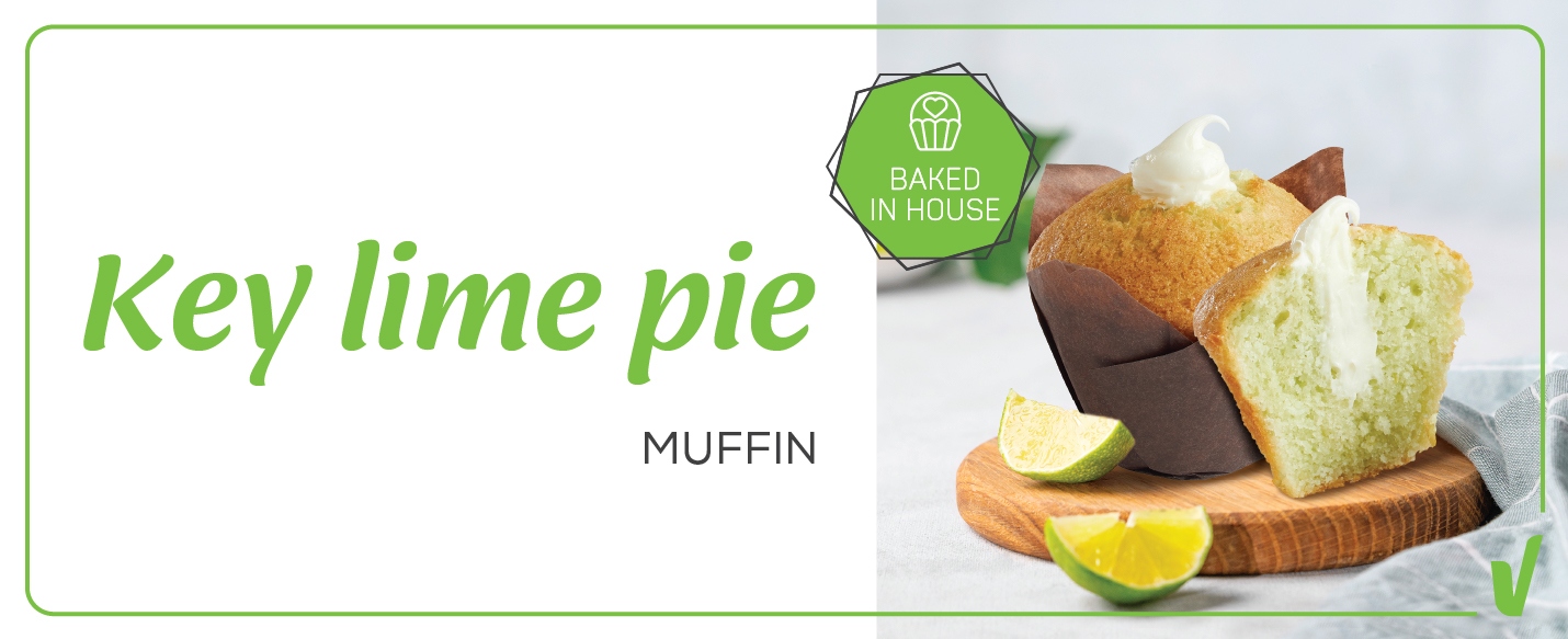 Text reading: "Key Lime Pie Muffin, baked in house, with a picture of a lemon-lime muffin with cream filling on a wooden board, garnished with lime wedges."