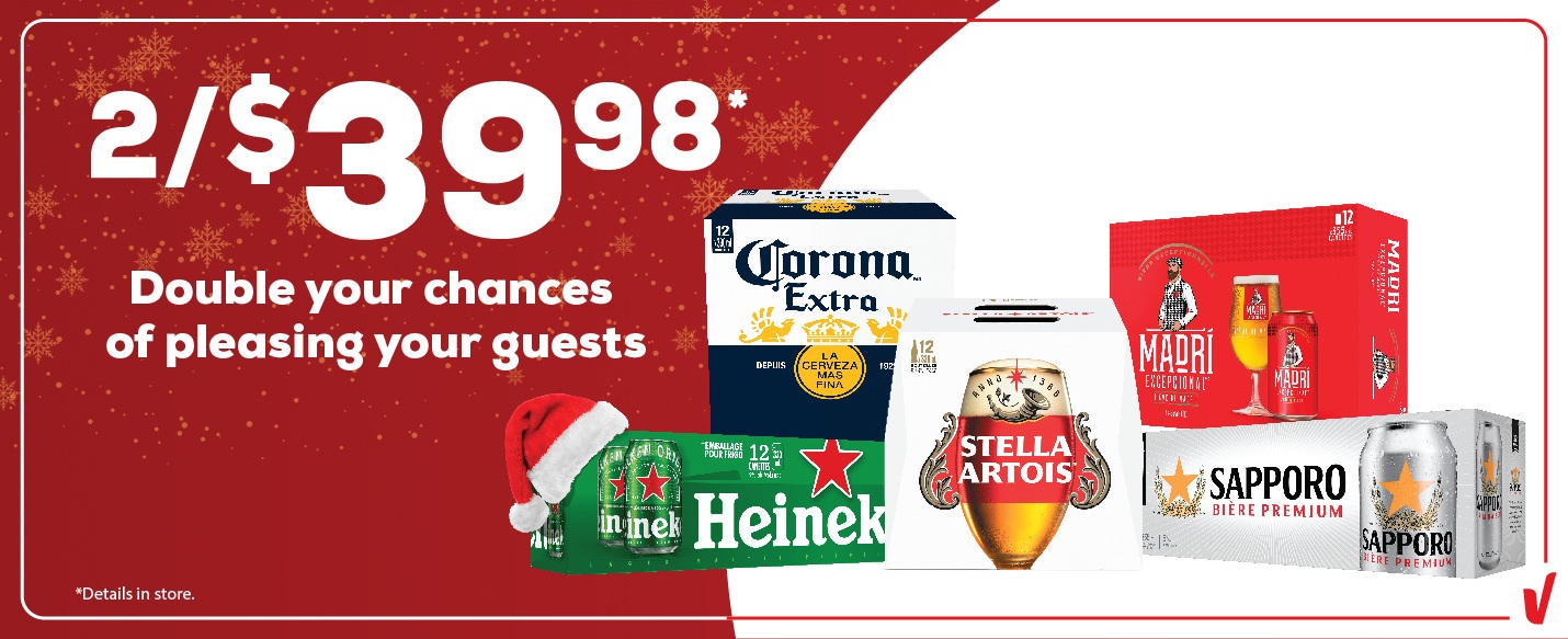 2/$39.98*. Holiday beer display with Corona, Heineken, Stella Artois, Madri, Sapporo.