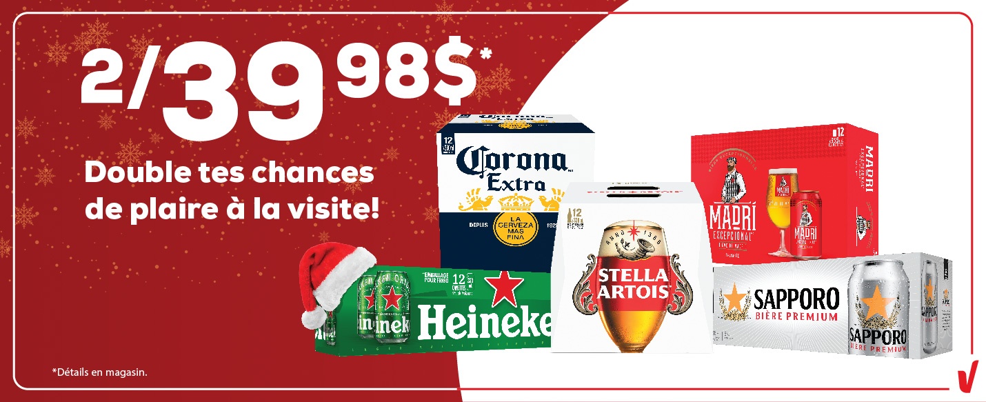 2/39,98 $. Présentation de bières festives : Corona, Heineken (chapeau du Père Noël), Stella Artois, Madri, Sapporo.