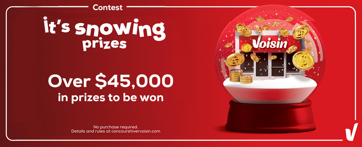 Red contest banner with snow globe, “It’s snowing prizes,” “Over $45,000 in prizes to be won.